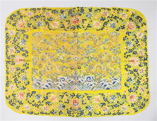 A Chinese Imperial yellow silk dragon throne seat cushion cover, Qing dynasty, 18th / 19th century, 90 x 126cm